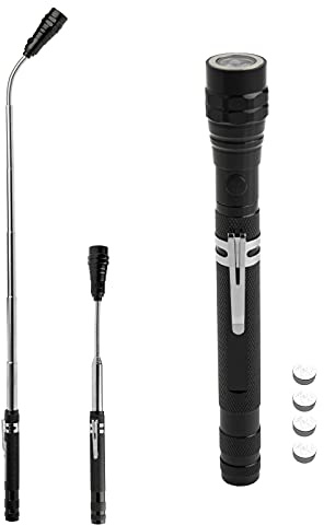 HIBRON Linterna LED Telescópica Flexible con Imán, Cuello de Cisne, Metal Macizo, Incluye pilas de botón LR44, Extensible hasta 57 cm, fuerza de tracción magnética 3,2 kg