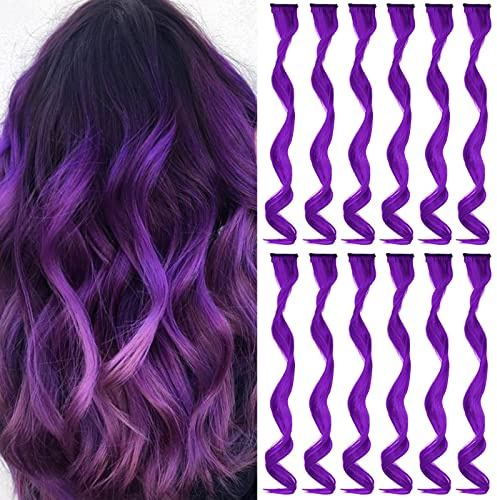 Violett Farbige Haarverlängerungen Clip In für Mädchen 17 Zoll Bunte Lockige Gewellte Haarverlängerungen für Party Highlight Haar Zubehör Haarteile für Kinder Frauen (12 PCS Violett)