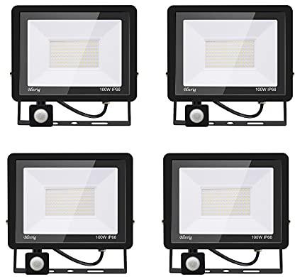 Blivrig 4PCS 100W Projecteur LED détecteur de mouvement,10000LM Projecteur LED Exterieur Avec Detecteur Blanc Chaud(3000K) Imperméable IP66 Projecteur LED exterieur de sécurité pour, garage, couloir