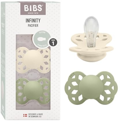 BIBS Infinity Schnuller, 0-6 Monate, 2er-Pack, Ivory/Sage | Symmetrischer Sauger | Silikon | Größe 1 | BPA-frei | Hergestellt in Dänemark | Hohe Akzeptanz | Luftlöcher | Komfortschild