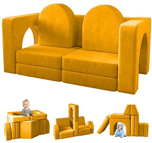 wanan Kids Couch 10PCS, Modular Kids Play Couch for Playroom Bedroom, 10 in 1 Multifunctional Kid Sofa for Playing, Creativing, Sleeping, Indoor Toddler Couches for Boys and Girls(Yellow)