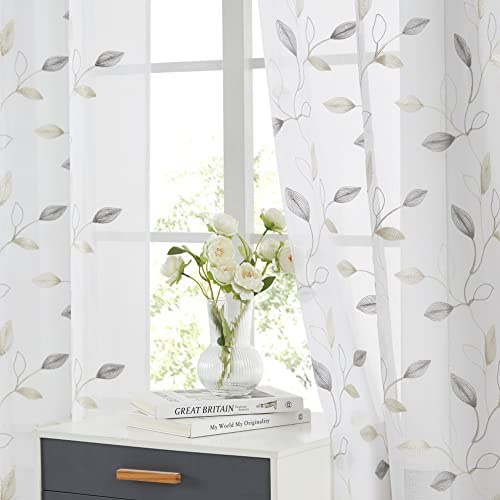 Bujasso Embroidered Leaf Sheer Curtains Floral Farmhouse Light Filtering Window Panels Botanical Patterned Drapes for Living Room Bedroom Grommet Top, Gray Beige 38 Wx95 Lx2
