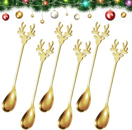 Gfamous 6 Stück Elch Löffel Rührlöffel Edelstahl Elchlöffel, Elch Kaffeelöffel Dessertlöffel,Süßer Weihnachtslöffel Elch Rührlöffel,Geschirr Weihnachten Weihnachtsgeschirr Set（Gold）