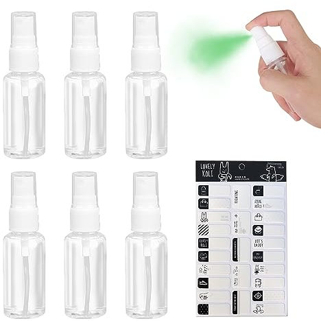 ATBUSS 6 flaconi spray da 20 ml con 1 foglio adesivo, mini flacone spray in plastica, bottiglia portatile da viaggio, spruzzatore liquido ricaricabile per lozioni, profumi e altri liquidi