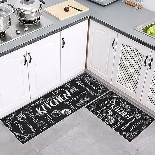 7VSTOHS Kitchen Runner, 2-Piece Set, 40x60+40x120cm, Black, Modern Geometric Pattern, Waterproof, Non-Slip, Machine Washable, Kitchen, Bar, Office, Laundry Room, Entryway, Hallway, High Traffic Areas
