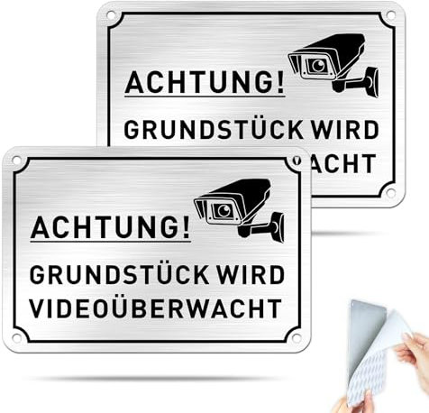 SINMAO 2 Stück Videoüberwachung Schild Aluminium Privatgrundstück mit Klebeband,Dieses Grundstück Wird Videoüberwacht Schild / Videoüberwacht Aufkleber 15×10