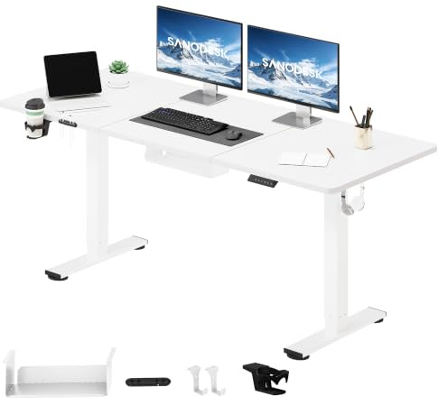 SANODESK Höhenverstellbarer Schreibtisch 160x60 cm, Schreibtisch Höhenverstellbar Elektrisch Ergonomischer Steh-Sitz Tisch Computertisch mit Memory-Funktion(Weiß)