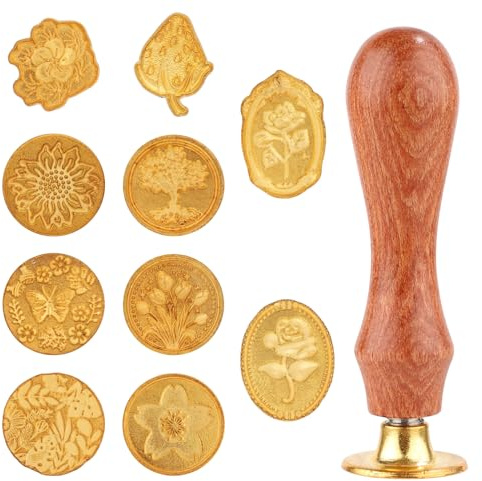 Wax Seal Stamp Set, 10pcs Sealing Wax Stamp Heads with a Wooden Handle Sealing Wax Stamp Kit with Various Patterns for Letter Encapsulation Greeting Cards Presents Decoration Items(Gold)