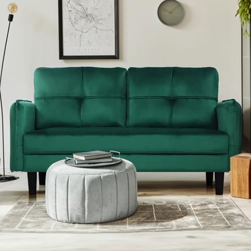 Hello-5ive Modern 2 Seater Sofa, 148cm Velvet Small Sofa Couch with Spring Cushion and Storage Pocket, Comfy Upholstered Loveseat for Living Room, Bedroom, Apartment, Green