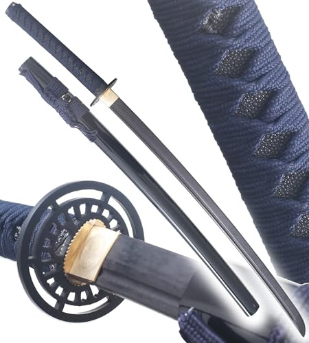 REPLIKSWORD Danzan Katana en Bois Lame en Bois Katana Japonais en Bois Epee Sabre Samourai Katana Sun Epee Entrainement - Lame Bois Noire + Presentoir en Bois Inclus