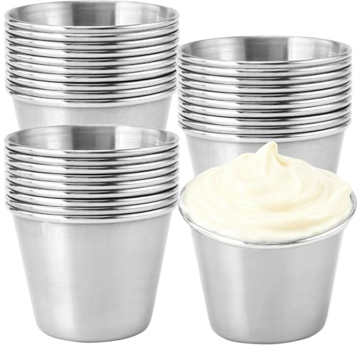MUKSUET 30 PCS 1.5 oz Silver Round Sauce Cup, Small Mini Saucepan, Stainless Steel Condiment Cups for Barbecue Restaurant Snacks