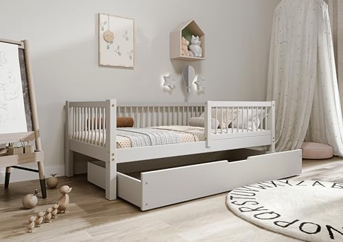 TIMBEE - Alfi Box - Kinderbett 80x160 mit Schublade - Bett Grau - Einzelbett für Kinder mit Lattenrost und Rausfallschutz Abnehmbar - Belastbar bis 100 kg - aus Kiefernholz Klasse 1