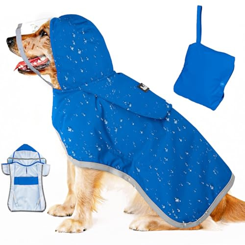 Eyein Wasserdichter Hunderegenmantel, Regenmantel für Große Hunde mit Kapuze und weichem Futter, Verstellbare Hunderegenjacke mit reflektierenden Streifen, Winddicht und leicht, Blau, XL