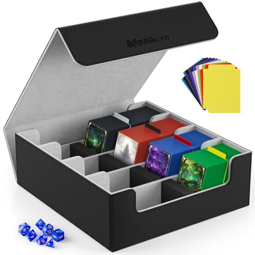 Mlikero Sammelkarten-Aufbewahrungsbox für 2400+ Karten, Magnetische Karten Deck-Box mit 10 Kartenteilern und 4 Schaumstoffstoppern, Leder Commander Deck-Box Fit für MTG, TCG (4 Reihen, Schwarz&Grau)