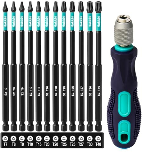 Set di punte Torx lunghe da 150 mm, con manico Hakkin, 13 pezzi per cacciavite a batteria da 1/4, S2 Torx, con foro T7, T8, T9, T10, T15, T20, T25, T27, T30, T40