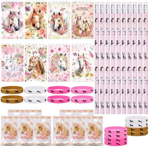 Fzyisw Pferde Mitgebsel Geburtstag, Gastgeschenke Pferdeparty Set | 10 Pferde Bleistiften, 8 Notizbüchern, 10 Geschenktüten und 8 Silikonarmbändern – Ideal als Mitgebsel für Pferdegeburtstag