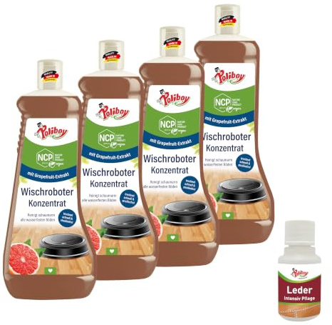 POLIBOY NCP Wischroboter Konzentrat - Bodenreiniger für Wischroboter & Saugroboter mit Wischfunktion - Schaumarmes Reinigungsmittel für versiegelte Böden - 4x 1L - inkl. Produktprobe - Made in Germany