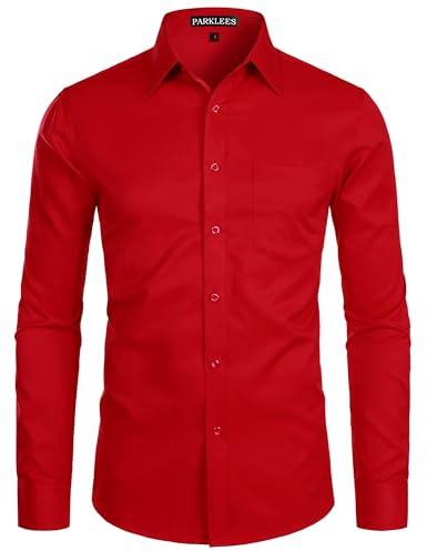 PARKLEES Camisa de hombre de manga larga - Corte ajustado - Estilo casual - Con bolsillo, rojo, L