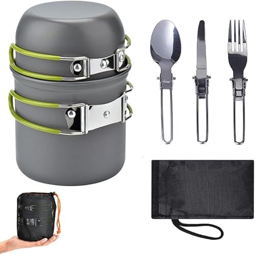 Camping Cookware Mess Kit Backpacking Pot Gear Camping Cooking Pots and Pans Set Camp Kitchen Equipment Accessories Green