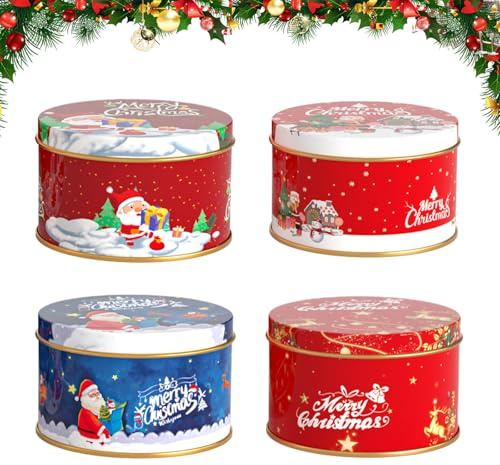 TSLBW 4 Piezas Latas de Metal para Galletas de Navidad Cajas de Latas Vacías de Alces de Papá Noel con Tapas para Velas de Bricolaje Dulces té Especias Regalos de Fiesta de Navidad (Circular)