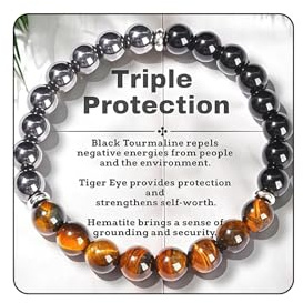 AstraGlam Pulsera de triple protección con ojo de tigre, turmalina negra y hematita – Fuerza, protección y equilibrio para hombres y mujeres, regalo para el día de la madre, día del padre, Navidad,