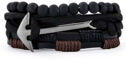 Herrarmband set svart läder silver ankare