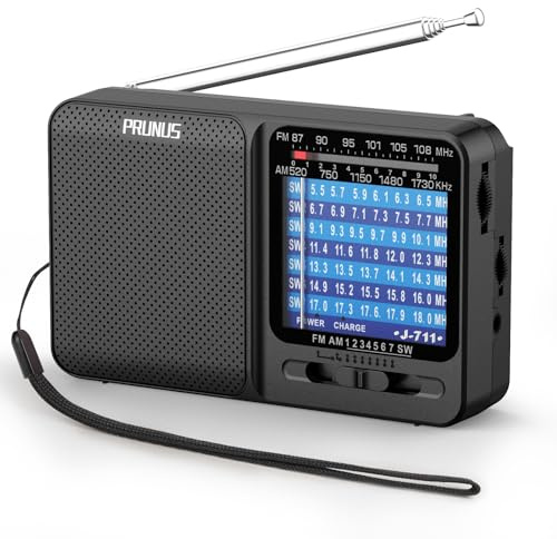 PRUNUS J-711 Am/SW/FM Radio Portatil Pequeña Recargable, Transistor Radio Pilas AA y Carga USB-C, Excelente Recepción, con Toma de Auriculares, Radios Bolsillo con Cordón para Caminar, Viajar.(Negro)