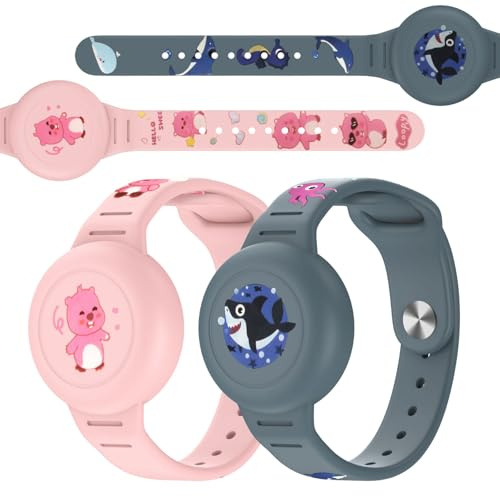 Vanet Lot de 2 bracelets étanches AirTag en silicone avec support caché, couverture complète, motif dessin animé, traqueur GPS léger, bandes de sécurité pour enfants, pas de traqueur