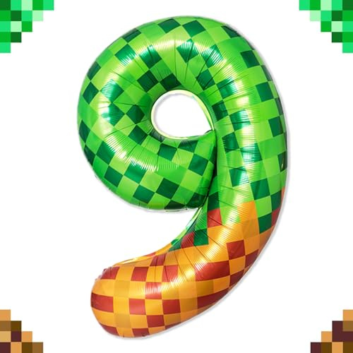 ZingBox Pixelmotiv Zahlen Luftballon 9 Geburtstag, 100cm Zahlen Folienballon 9, Zahl Luftballon 9. Geburtstag Junge Mädchen, Pixelmotiv Ballon 9, Pixel Miner Thema Ballons Geburtstagsdeko 9 Jahre