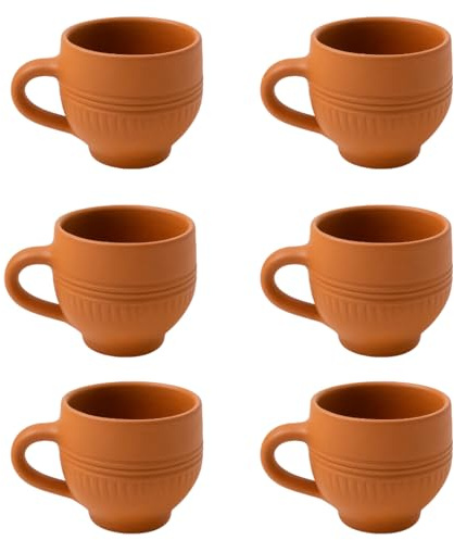 C&S Homestore 6 x Handmade Terracotta Clay Cups 130ml Traditional Indian Style Earthenware Mugs for Tea, Coffee, Chai, Latte, Cappuccino and Hot Beverages Kitchen Dining Serveware Set