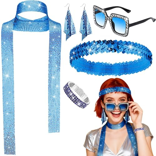 Disco Kostüm Accessoires Damen, 5-Teiliges 70er 80er 90er, Für Karneval Fasching Halloween (Königsblau)