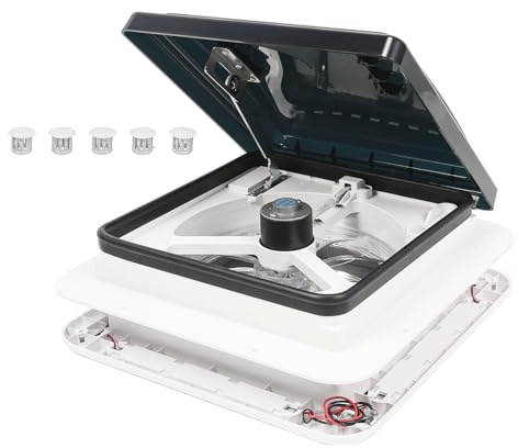 Dachluke Dachfenster Dachhaube 28 x 28 Wohnwagen Wohnmobil Caravan mit Insektenschutzgitter, Milchglashaube, Teleskopausstellern und UV-beständigem Kunststoff mit LED-Licht & Abluftventilator