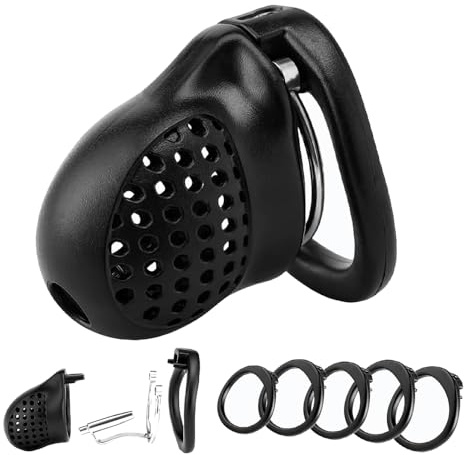 Veyjuns Keuschheitskäfig Herren aus ABS-Resin – Atmungsaktiver Peniskäfig mit PA-kompatiblem Urethra-Dilator aus Metall, 5 Ringe (40–60 mm), Chastity Cage Set