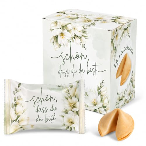 Glückskekse Hochzeit - Schön, dass du da bist - Gastgeschenk mit Kompliment | Passendes Gastgeschenk für Hochzeitsgäste, Kommunion, Taufe und Konfirmation - vegetarische Tischdeko für festliche Anlässe