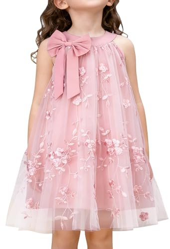 Amissz Flower Girl Dress for Wedding, Girls Halter Neck Embroidered Tulle Princess Dress with Bow, Kids Formal Party Dress for Birthday 2-8 Year