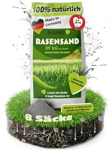 RasenHerz Rasensand für dichten grünen Rasen Bodenverbesserer Diabas petigi | 200 kg für 800m², Nährstoffe, Rasenpflege