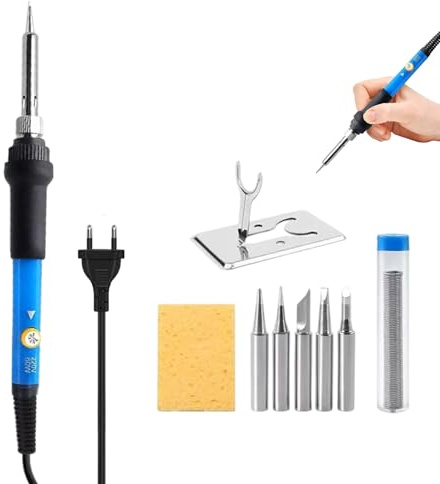 9 Pcs Lötkolben Set, 60W Lötkolben mit Temperatur Einstellbar 200-450°C 5 Lötspitzen Lötkolbenständer Lötset mit Schwamm Lötdraht Löt Lötset für Elektrische Arbeiten und Hausgebrauch Reparatur