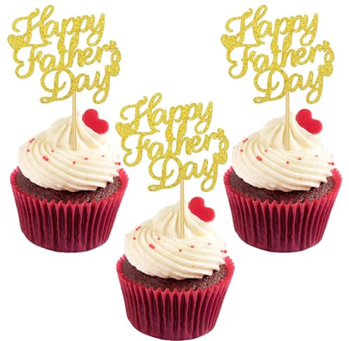 24Pcs Happy Fathers Day Cake Topper, Gold Glitter Cupcake Picks Dad Cake Toppers Decoration for Father's Day Party Cake Decorations