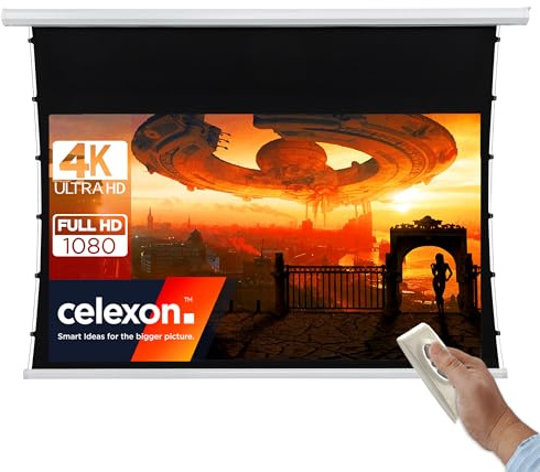 celexon Basic Écran de Projection motorisé tensionné 110 | 240x135cm 16:9 | Écran FullHD 4K avec câbles de Tension pour Home Cinéma & présentations | Montage Plafond/Mur | Télécommande Incluse