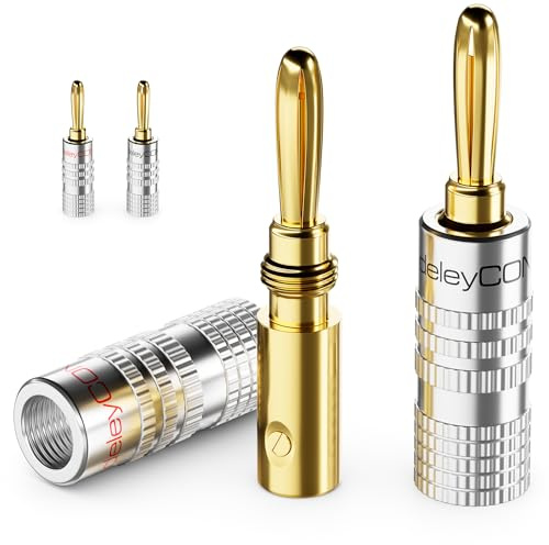 deleyCON Bananenstecker Set vergoldet, schraubbar, 4 Stück - Silber | Für Lautsprecherkabel, Boxenkabel 0,75 mm - 4,5 mm, HiFi Audio Heimkino Receiver