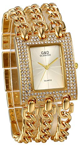 JewelryWe Damen Uhren Elegant Analog Quarz Armbanduhr Strass Rechteckig Beiläufige Uhr mit dreifach Panzerkette Armband