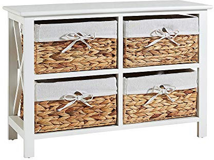 Home Source Wooden Storage Cabinet Chest Water Hyacinth Basket Hallway Organiser Unit, White, 4 Drawer