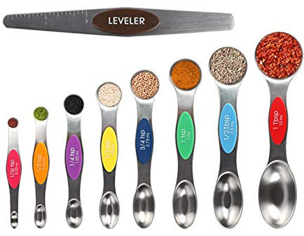 Magnetic Measuring Spoons Sets of 9, WOVTE Dual Sided Stainless Steel Stackable Teaspoon Tablespoon with Colorful Scale and Leveler, Fits in Spice Jars for Measuring Dry and Liquid Ingredients