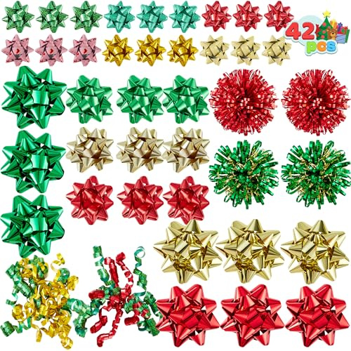 JOYIN 42 Geschenkschleifen Sortiment für Weihnachten mit 36 selbstklebenden Geschenkschleifen in verschiedenen Größen 4 Lametta-Schleifen 2 lockigen Schleifen zum Verpacken Weihnachts-Geschenkband