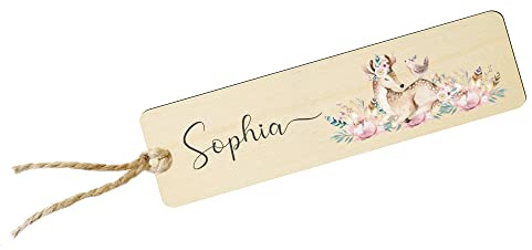 Manufaktur Liebevoll | Personalisiertes Lesezeichen mit Namen | Holzlesezeichen für Bücher zum Lesen | Kleines Geschenk für Kinder (Motiv Rehkitz)