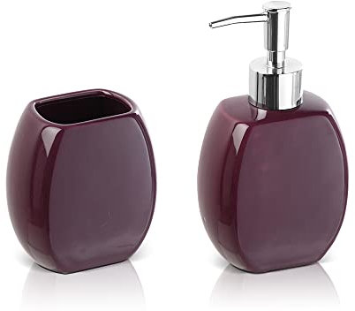 Inbagno Set Accessori Bagno 2 Pezzi in Ceramica, Kit Accessori da appoggio, Include Dispenser Sapone e portaspazzolini (Viola)