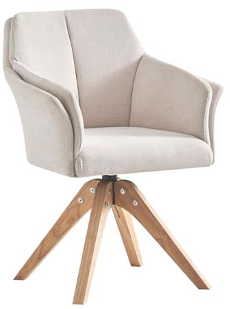 B&D home® Esszimmerstuhl Daisy drehbar – mit Armlehnen, 360° Drehfunktion, Webstoff in Creme, Massivholzgestell Natur, komfortabel gepolstert, skandinavisch, Loungesessel für Küche & Wohnzimmer
