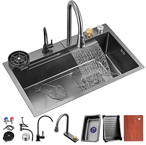 Küchenspüle, 304 Edelstahl, Nano, Raindance Wasserfallspüle, Heimspüle, Gemüsebecken, Einzelspüle, Arbeitsplatz, Küchenspüle mit herausziehbarem Wasserhahn, Druckbecherwascher