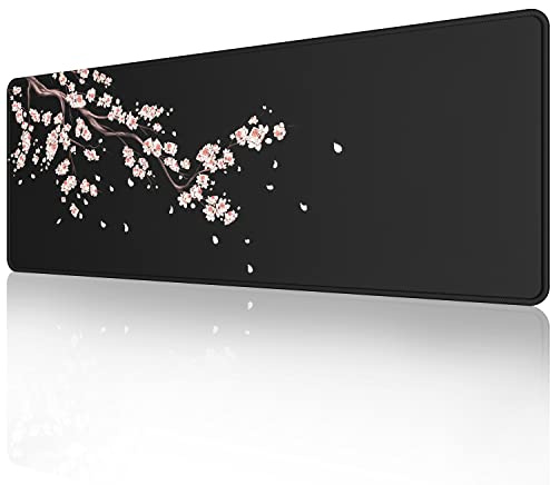 ETZ Tapis de souris noir avec fleurs de pruniers japonais (80 x 30 x 0,3 cm). Grand tapis de souris étendu, bords cousus, base en caoutchouc antidérapant, tapis de souris de jeu XL.