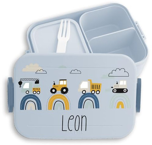 Kinder Bento Box Midi Lunchbox für Mepal Bentobox - Baustelle mit Name personalisiert Brotdose Bagger I Traktor I LKW I Kipper I Planierraupe I Kran - 900 ml - Hellblau